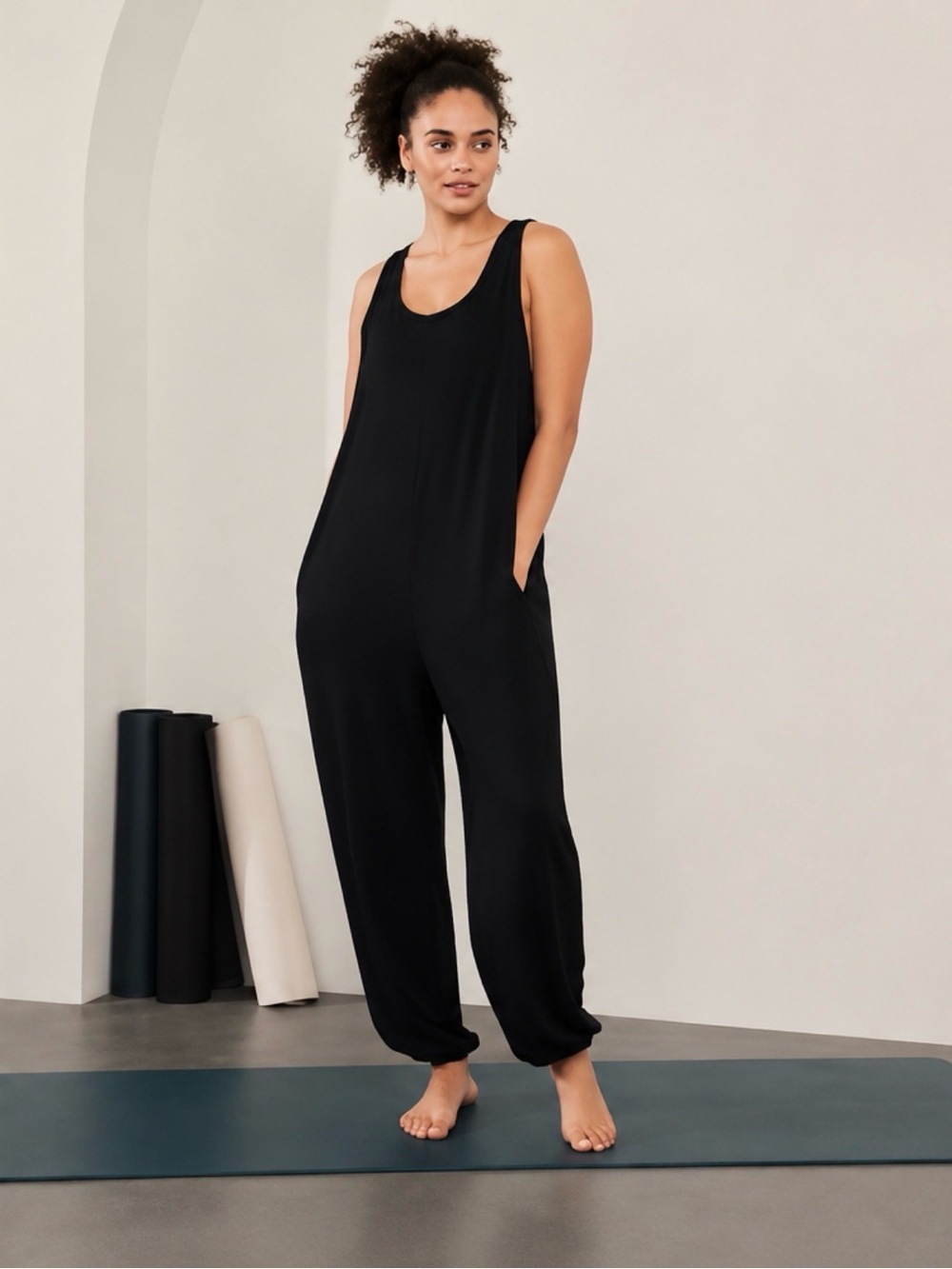 Athleta Hit Pause Jumpsuit Black XXS TENCEL Modal Racerback Jogger Romper